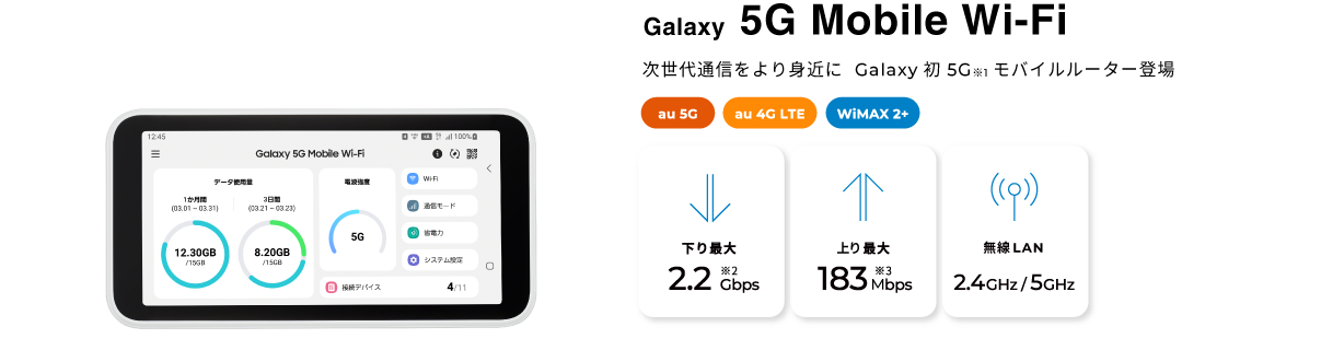 Galaxy 5G Mobile Wi-Fi 下り最大2.2Gbps 上り最大183Mbps 無線LAN2.4GHz/5GHz